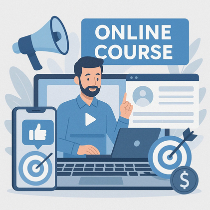 استاد در حال تبلیغ دوره آنلاین با لپ‌تاپ، نماد هدف، بلندگو، موبایل و آیکون لایک