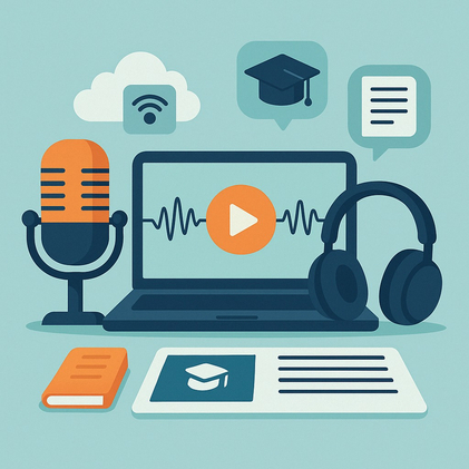 میکروفون، لپ‌تاپ با موج صدا، هدفون و آیکون‌های آموزشی برای نمایش فرآیند کامل تولید پادکست