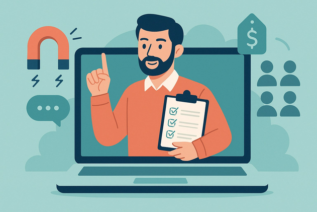 استاد در حال معرفی دوره با نماد آهنربا، قیمت، گفت‌وگو و کاربران برای جذب دانش‌آموزان