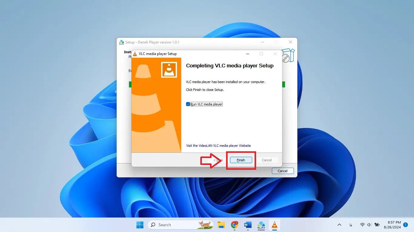 آموزش نصب VLC player برای دانه پلیر – کلیک روی Finish پس از کامل شدن نصب