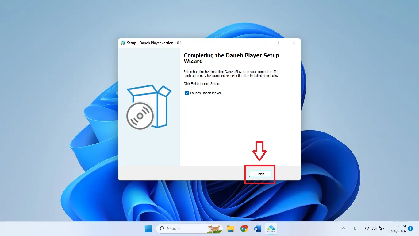 آموزش نصب نرم‌افزار دانه پلیر – پایان نصب و کلیک روی Finish برای اجرای برنامه