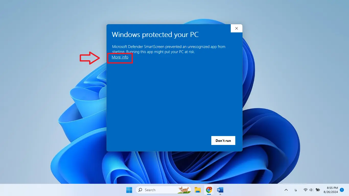 راهنمای نصب دانه پلیر – کلیک روی More info برای نمایش Run anyway